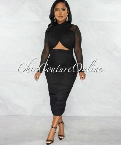 Chic Couture Online JUST IN Gerlie Black Crossed Bust Mesh Ruched Midi Dress
