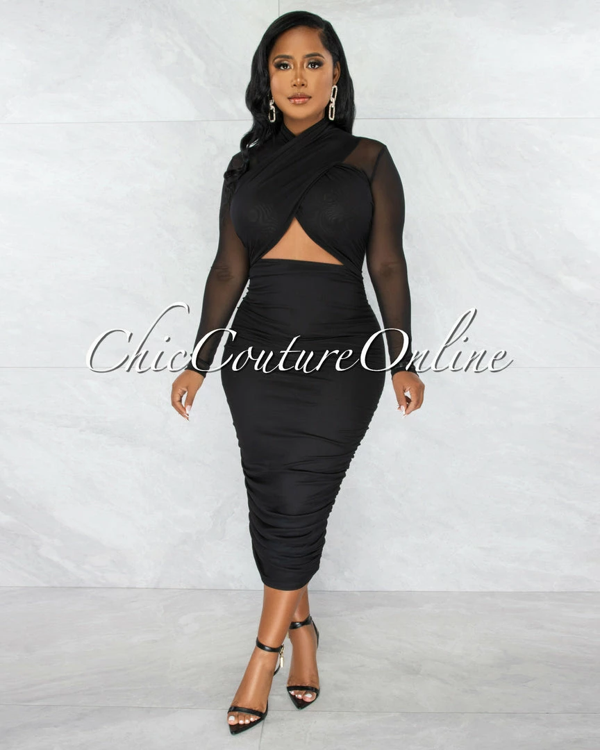 Chic Couture Online JUST IN Gerlie Black Crossed Bust Mesh Ruched Midi Dress
