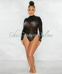 Chic Couture Online Moore Black Silver Mesh Rhinestones Bodysuit JUST IN