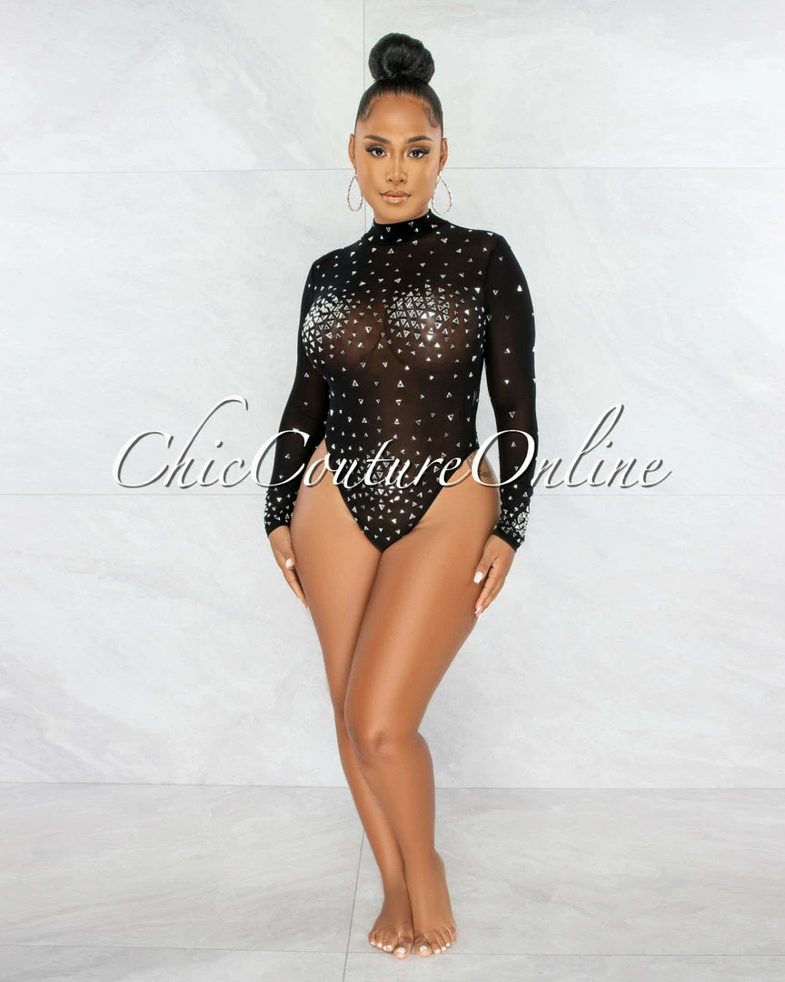 Chic Couture Online Moore Black Silver Mesh Rhinestones Bodysuit JUST IN