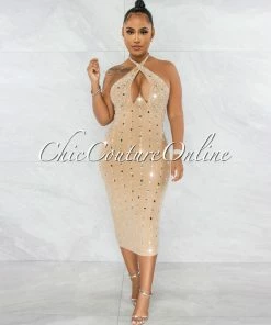 Vendor-unknown Florentino Nude Rhinestones Halter Midi Dress JUST IN