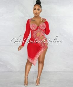 Vendor-unknown JUST IN Damaris Red Rhinestones Mesh Cut Out Dress