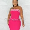 Chic Couture Online Rokka Fuchsia White Fret Print Strapless Bandage Dress