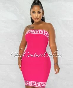 Chic Couture Online Rokka Fuchsia White Fret Print Strapless Bandage Dress