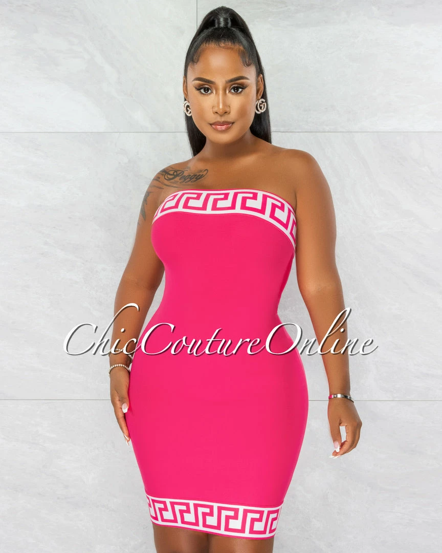 Chic Couture Online Rokka Fuchsia White Fret Print Strapless Bandage Dress