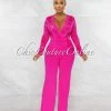 Chic Couture Online Neveh Fuchsia Crochet Lace Sheer Top Gold Accent Jumpsuit