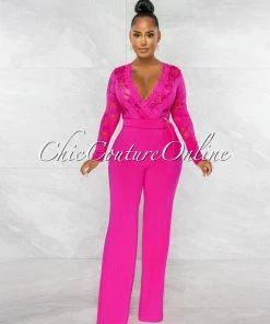 Chic Couture Online Neveh Fuchsia Crochet Lace Sheer Top Gold Accent Jumpsuit