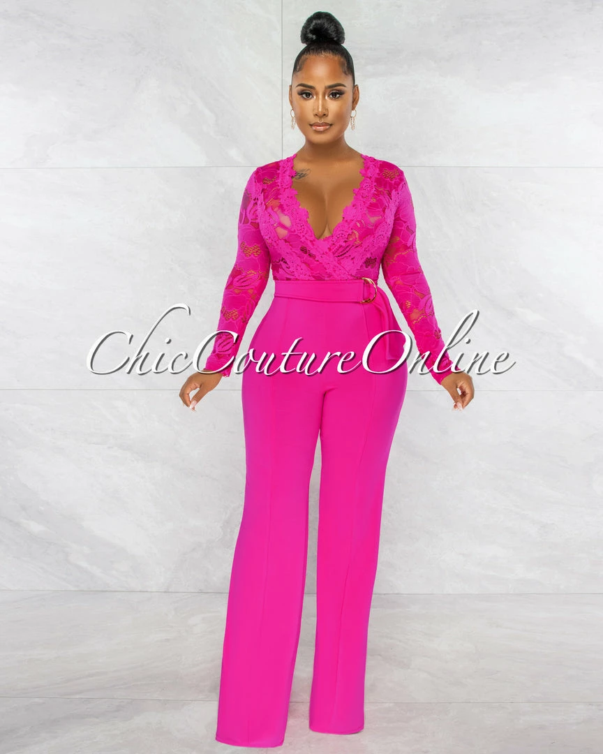 Chic Couture Online Neveh Fuchsia Crochet Lace Sheer Top Gold Accent Jumpsuit