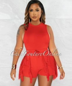 Chic Couture Online Granier Red Bodysuit & Fringe Shorts Set JUST IN
