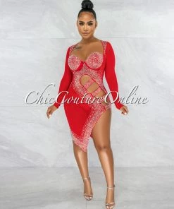 Vendor-unknown JUST IN Damaris Red Rhinestones Mesh Cut Out Dress