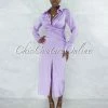 Vendor-unknown Josefa Lavender Draped Front Tie Shirt Maxi Satin Dress JUST IN