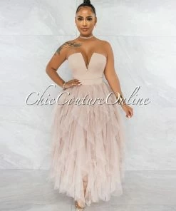 Vendor-unknown Odalys Nude Strapless Tulle Ruffle Bodysuit Dress