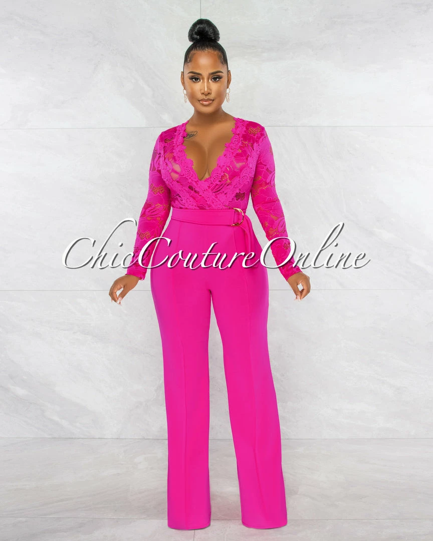 Chic Couture Online Neveh Fuchsia Crochet Lace Sheer Top Gold Accent Jumpsuit