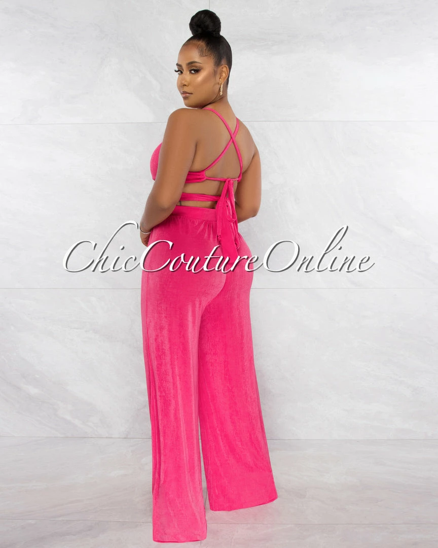 Chic Couture Online Ramona Fuchsia Multi-Way Tie Crop Top & Wide Pants Set JUST IN