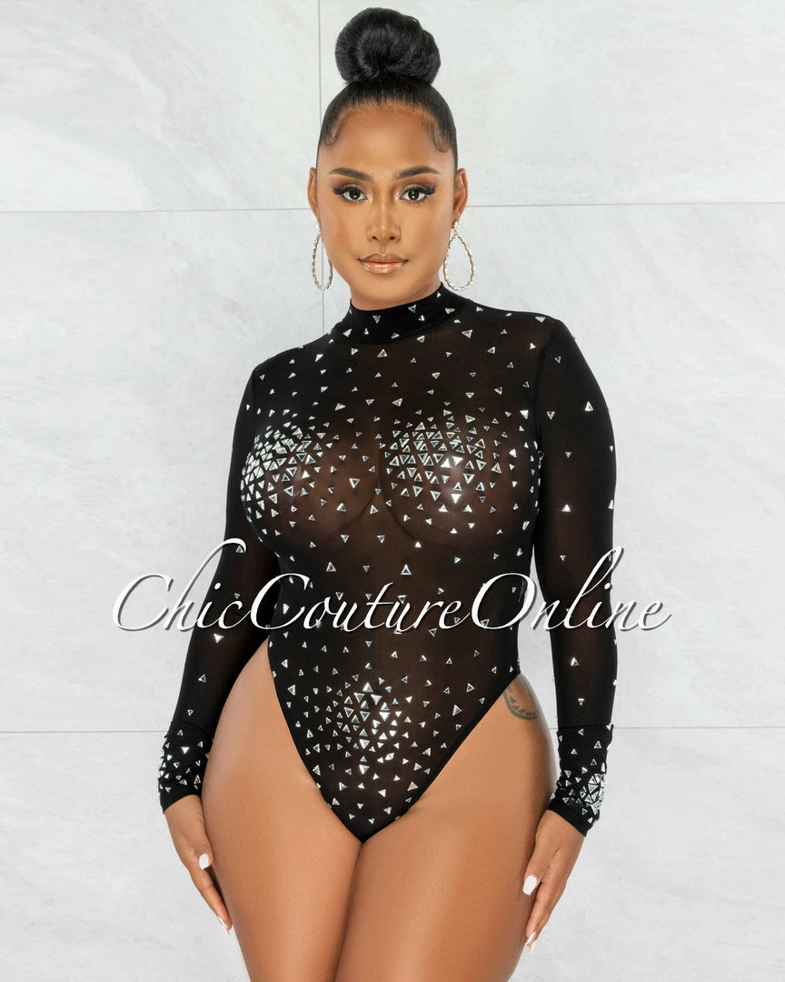 Chic Couture Online Moore Black Silver Mesh Rhinestones Bodysuit JUST IN