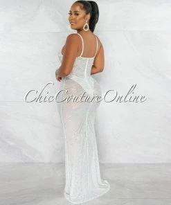 Chic Couture Online Narmada White Mesh Sheer Rhinestones Maxi Dress