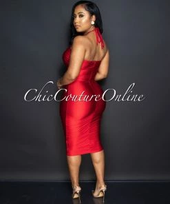 Vendor-unknown Samala Red Ruched Bodice Midi Halter Dress JUST IN