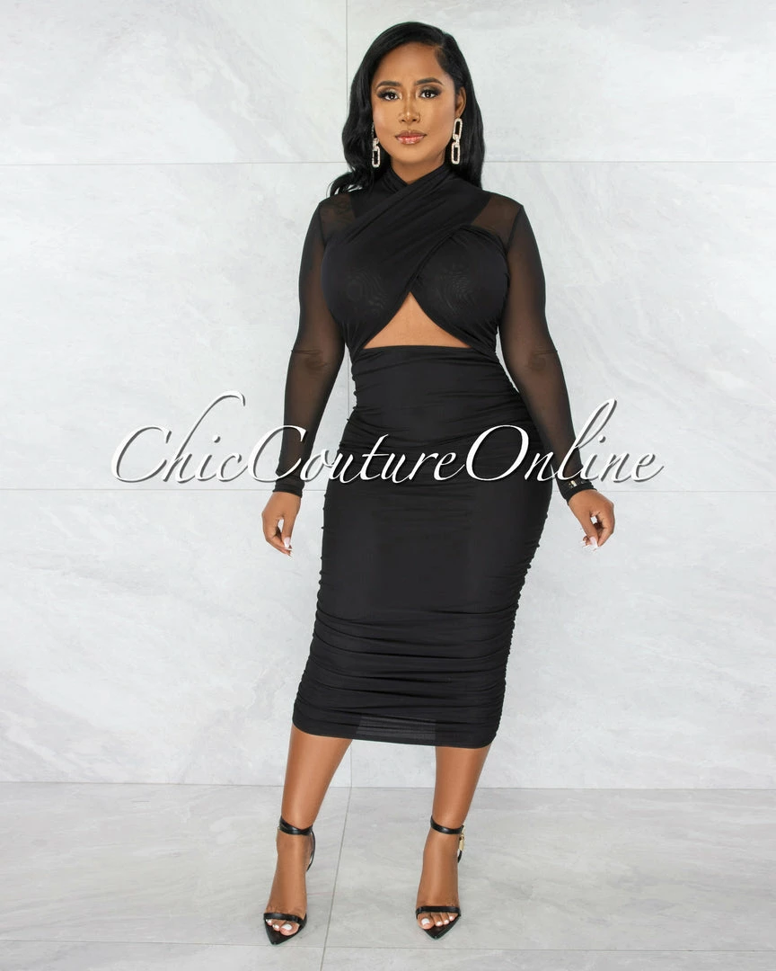 Chic Couture Online JUST IN Gerlie Black Crossed Bust Mesh Ruched Midi Dress