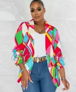 Chic Couture Online Sven Fuchsia Multi-Color Ruched Sleeves Blazer JUST IN