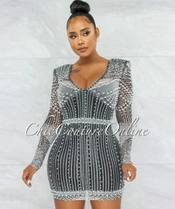 Vendor-unknown JUST IN Rodriga Black Pearl Rhinestones Sheer Mini Dress
