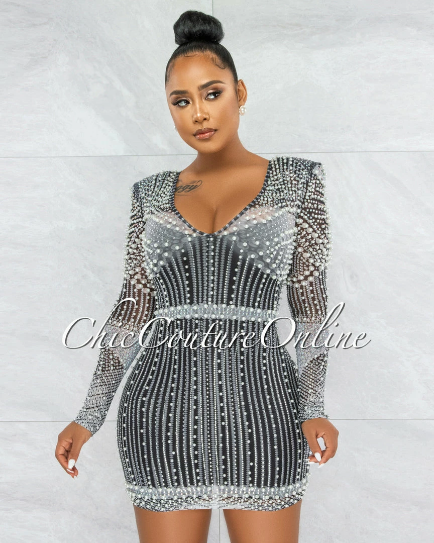 Vendor-unknown JUST IN Rodriga Black Pearl Rhinestones Sheer Mini Dress