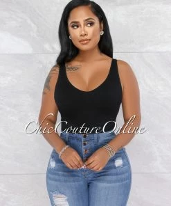 Vendor-unknown JUST IN Adelynn Black Ribbed Crop V-Neck Top