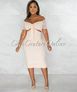 Chic Couture Online JUST IN Tenshi Blush Ruched Bodice Key-Hole Midi Dress