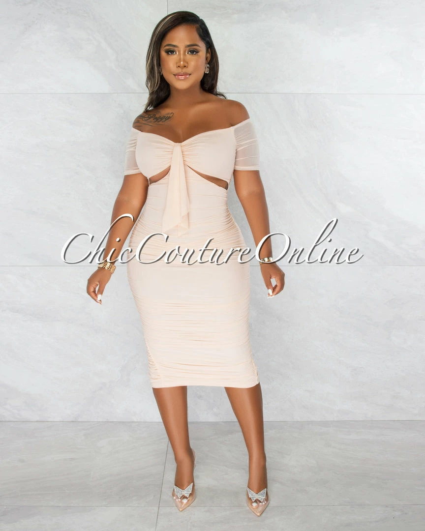 Chic Couture Online JUST IN Tenshi Blush Ruched Bodice Key-Hole Midi Dress