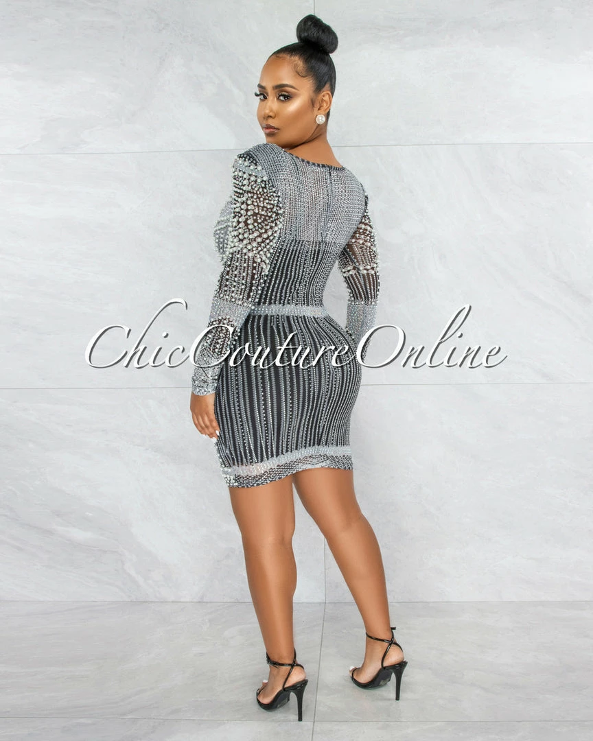 Vendor-unknown JUST IN Rodriga Black Pearl Rhinestones Sheer Mini Dress