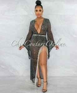 Vendor-unknown Kyle Black Sheer Rhinestones Fringe Slit Bodysuit Dress JUST IN