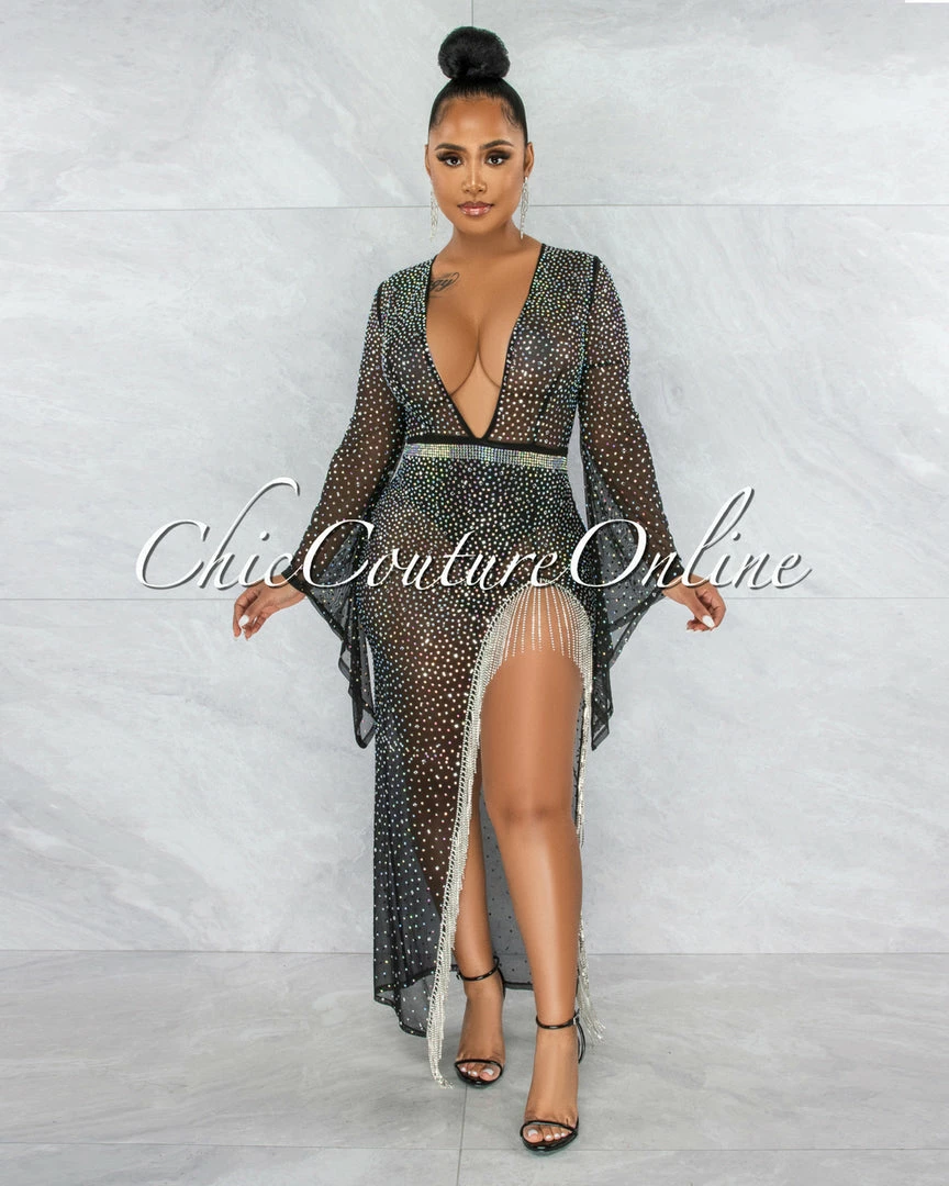 Vendor-unknown Kyle Black Sheer Rhinestones Fringe Slit Bodysuit Dress JUST IN