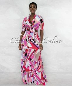 Vendor-unknown Clemons Pink Purple Print Smocked Two Piece Skirt Set