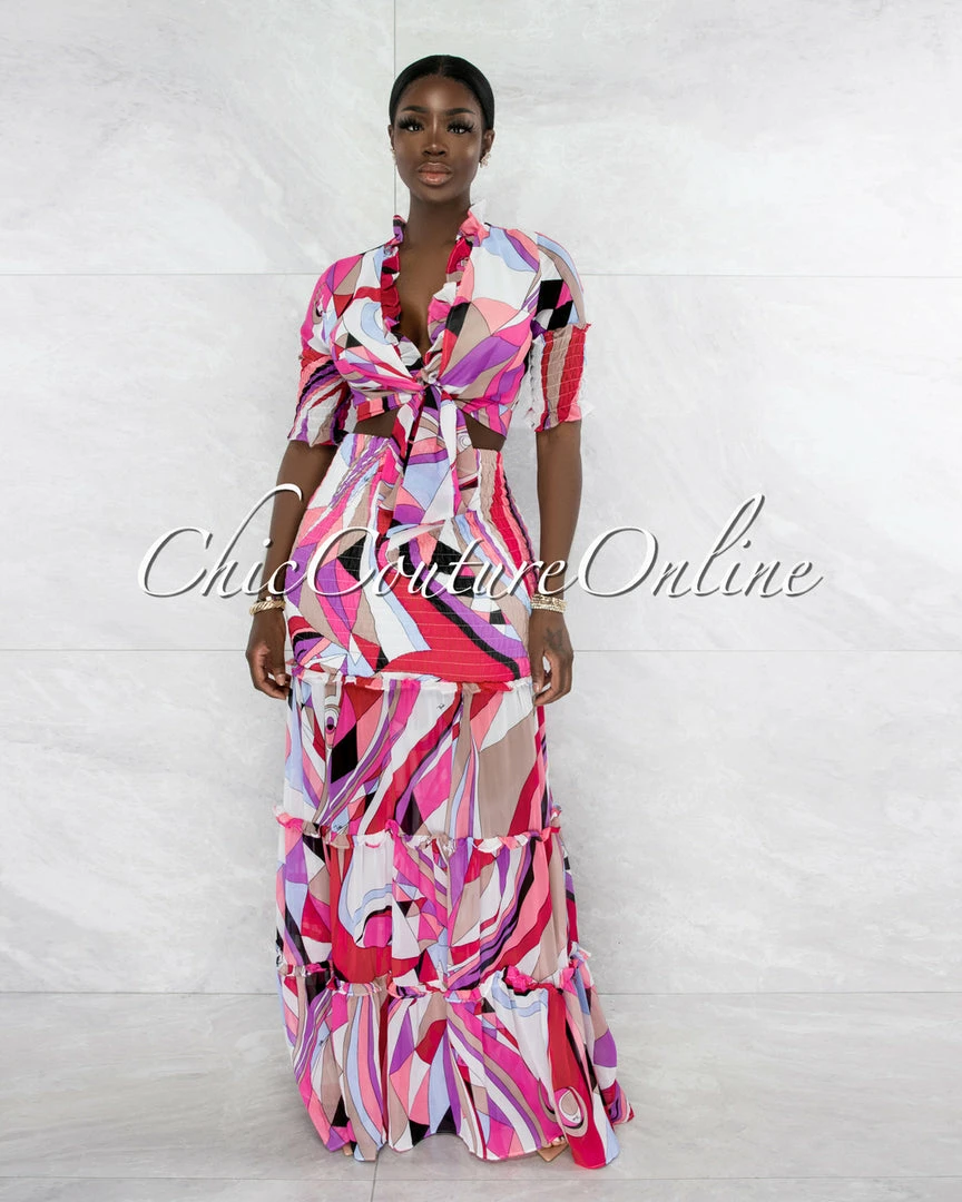 Vendor-unknown Clemons Pink Purple Print Smocked Two Piece Skirt Set