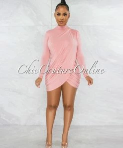 Vendor-unknown Tamira Blush Drape Long Sleeves Dress