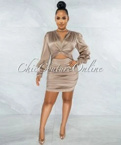 Vendor-unknown JUST IN Salvadora Mocha Satin Cut-Out Ruched Dress