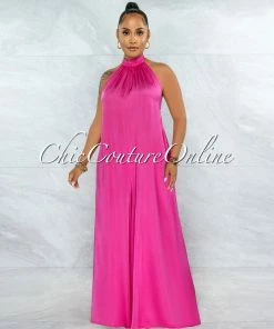 Vendor-unknown Memphis Fuchsia Low Back Satin Halter Jumpsuit