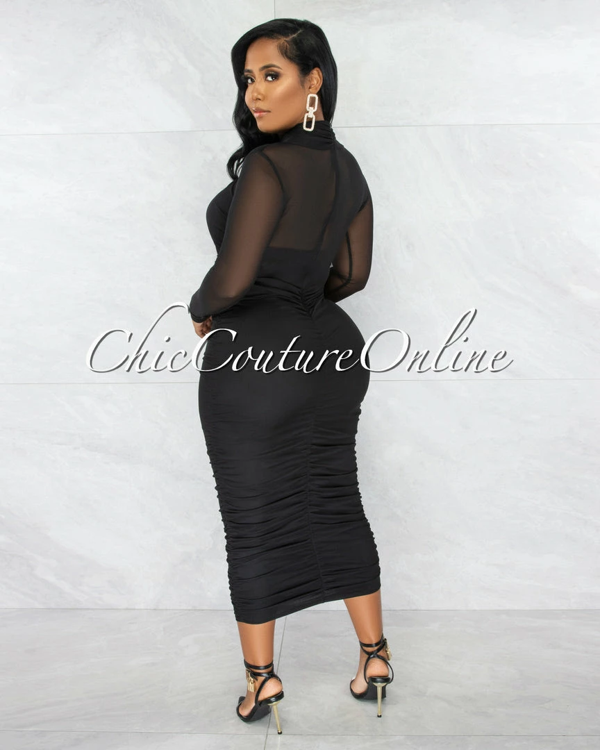 Chic Couture Online JUST IN Gerlie Black Crossed Bust Mesh Ruched Midi Dress