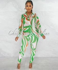 Chic Couture Online Fayana Green Retro Print Semi-Sheer Blouse & Leggings Set