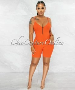 Vendor-unknown JUST IN Jerram Orange Ribbed Front Zipper Romper