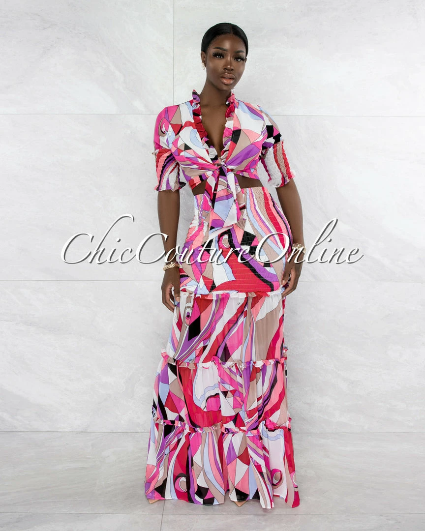 Vendor-unknown Clemons Pink Purple Print Smocked Two Piece Skirt Set