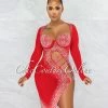 Vendor-unknown JUST IN Damaris Red Rhinestones Mesh Cut Out Dress