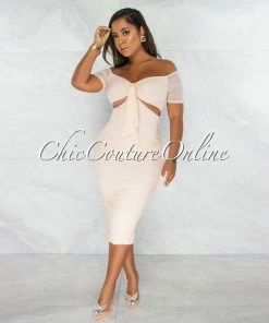 Chic Couture Online JUST IN Tenshi Blush Ruched Bodice Key-Hole Midi Dress