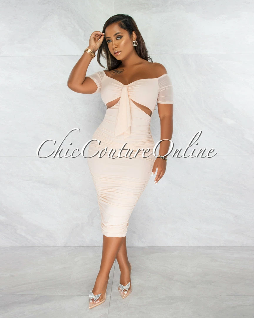 Chic Couture Online JUST IN Tenshi Blush Ruched Bodice Key-Hole Midi Dress