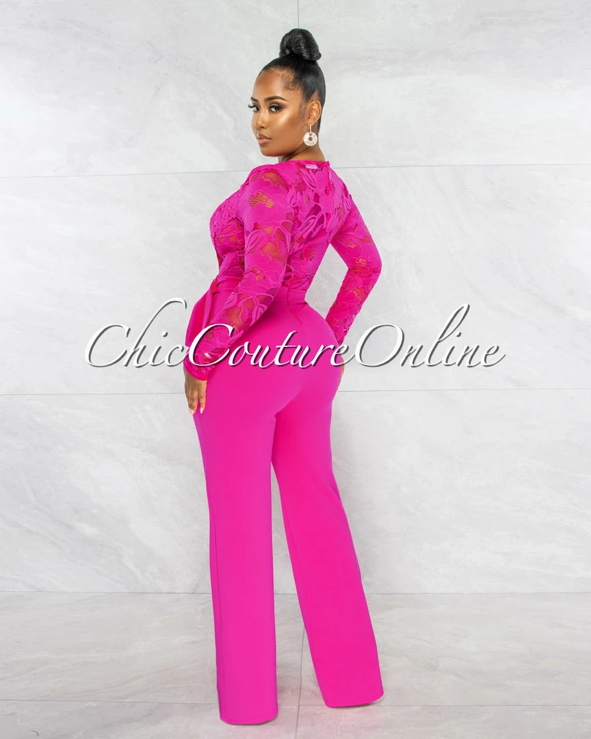 Chic Couture Online Neveh Fuchsia Crochet Lace Sheer Top Gold Accent Jumpsuit
