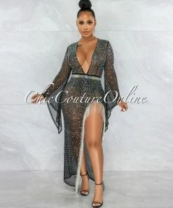 Vendor-unknown Kyle Black Sheer Rhinestones Fringe Slit Bodysuit Dress JUST IN