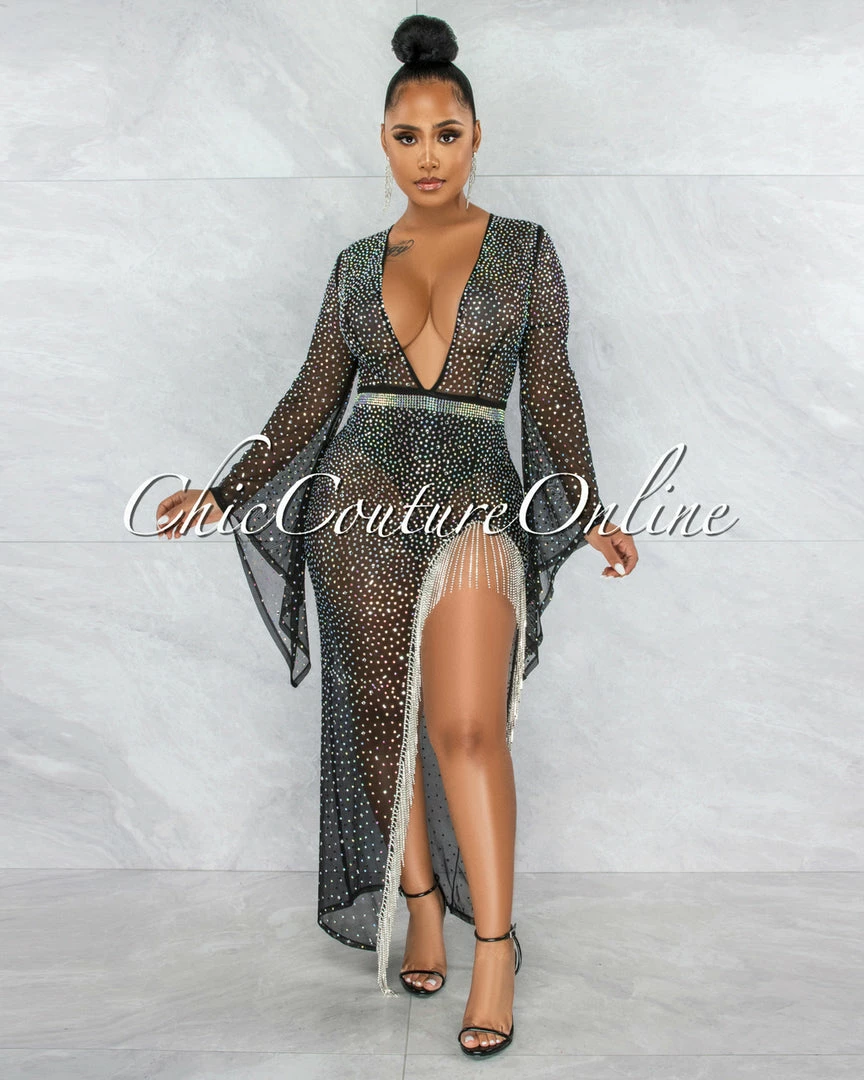 Vendor-unknown Kyle Black Sheer Rhinestones Fringe Slit Bodysuit Dress JUST IN