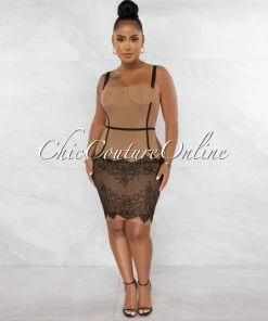 Chic Couture Online JUST IN Earvin Mocha Black Trim Lace Hem Bandage Dress