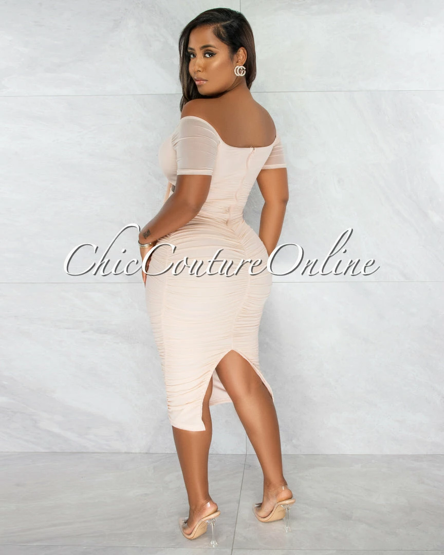 Chic Couture Online JUST IN Tenshi Blush Ruched Bodice Key-Hole Midi Dress