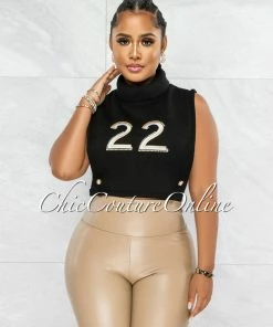 Vendor-unknown JUST IN Sandra Black #22 Turtle Neck Open Sides Crop Top