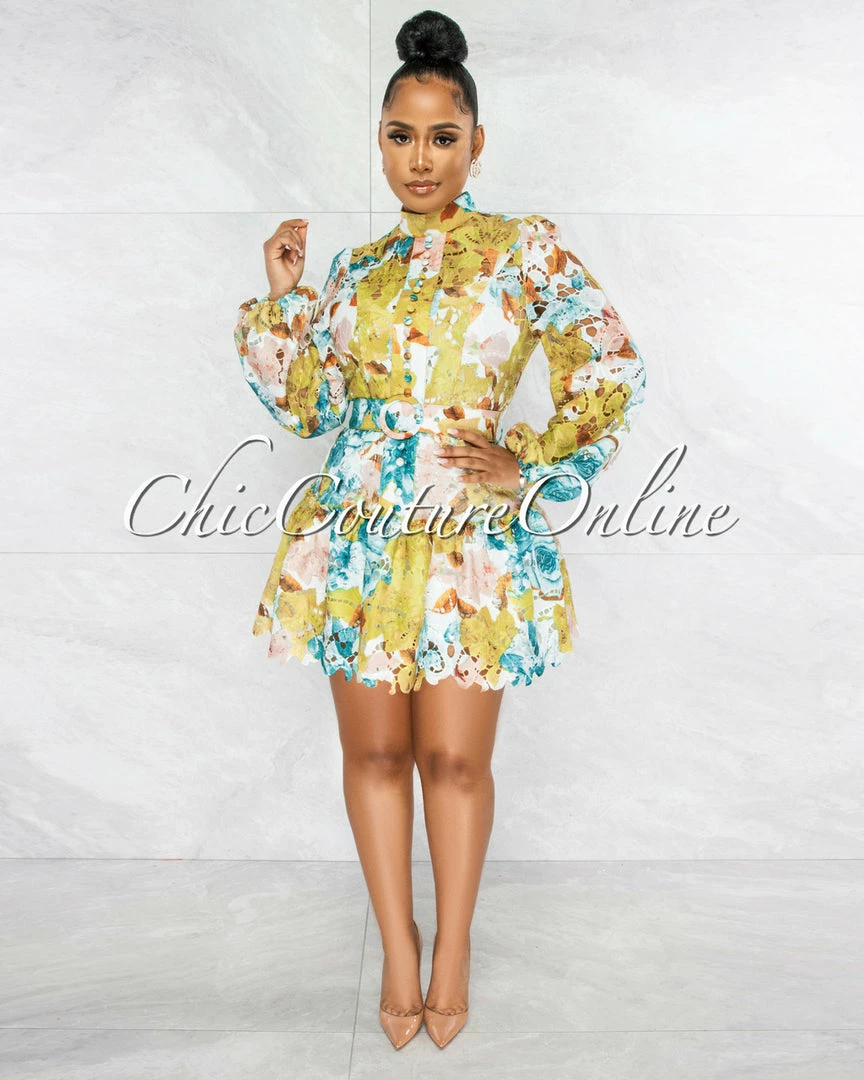 Vendor-unknown Nadiha Olive Salmon Floral Crochet Belted Skater Dress